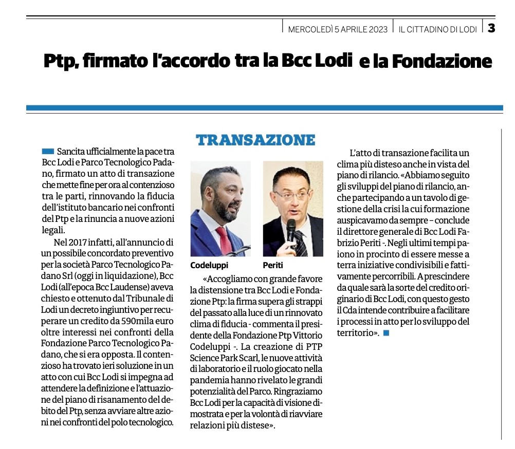 Firmato l’accordo tra la BCC Lodi e la Fondazione  – Il Cittadino, 05-04-2023